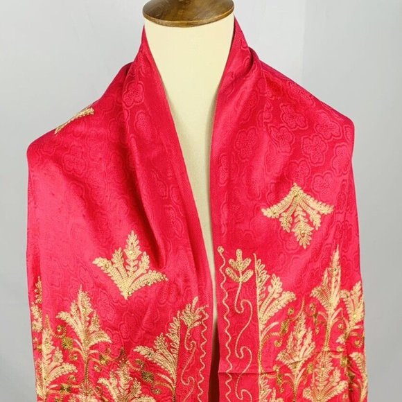 Women Lady Wrap Shawl Scarf Throw Gold Embroidered Flowers Work 28x83 India - Picture 2 of 3